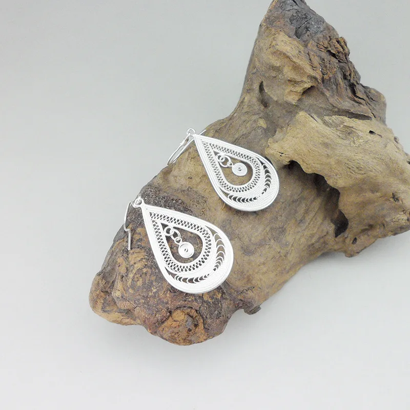 

Water Drop Earrings Hollow Out Handcraft Designs 999 Sterling Silver Boho Earings Women Jewelry Chinese Guizhou Ethnic Vintage