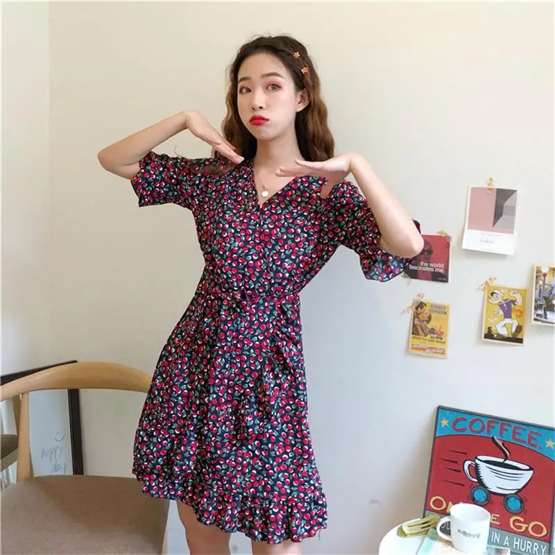 

Ruffled Cherry Printed Lace High Waist Dress Women's Lovely Dresses Ins Chic Kawaii Girl Sweet Harajuku Punk Clothes For Women