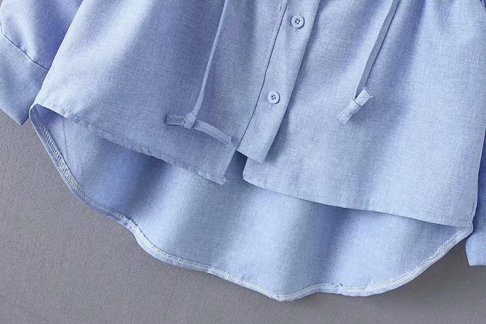 Большие размеры, Женская хлопковая блузка с поясом, весна, повседневная женская однотонная небесно-голубая серая Свободная рубашка для женщин