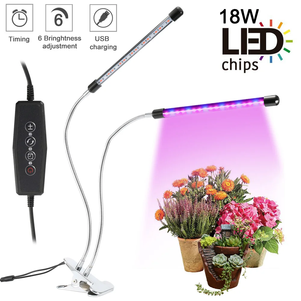 

18W Dual Head Plant Grow Light With Clip Timing Flexible Gooseneck 36 LEDs Lamp for Plants Flower LB88