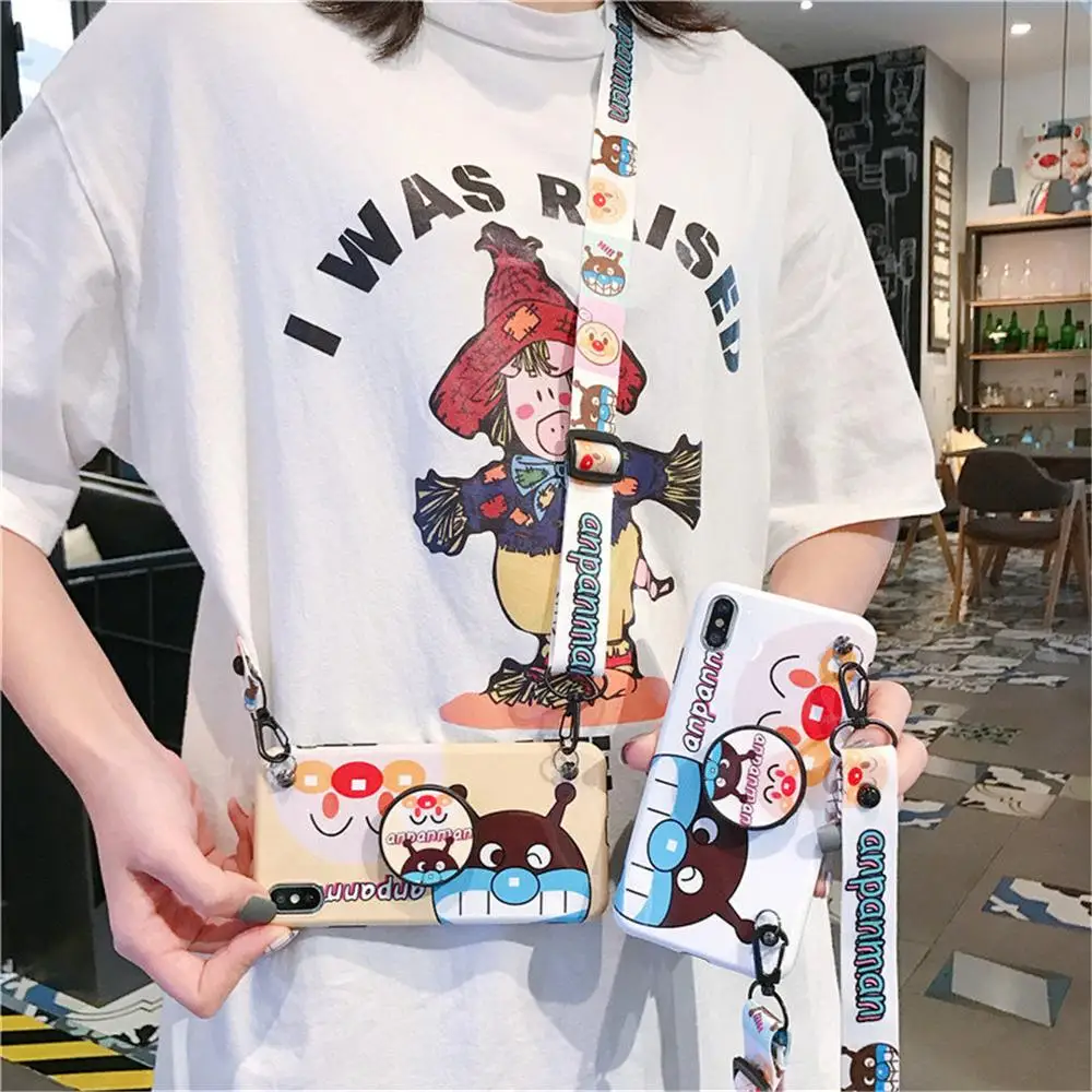 

KAIEN Folding bracket Anpanman neck rope Fashion soft Anti-drop Mobile phone case for iPhone 6 6s 7plus 8 plus X XR XS MAX cover