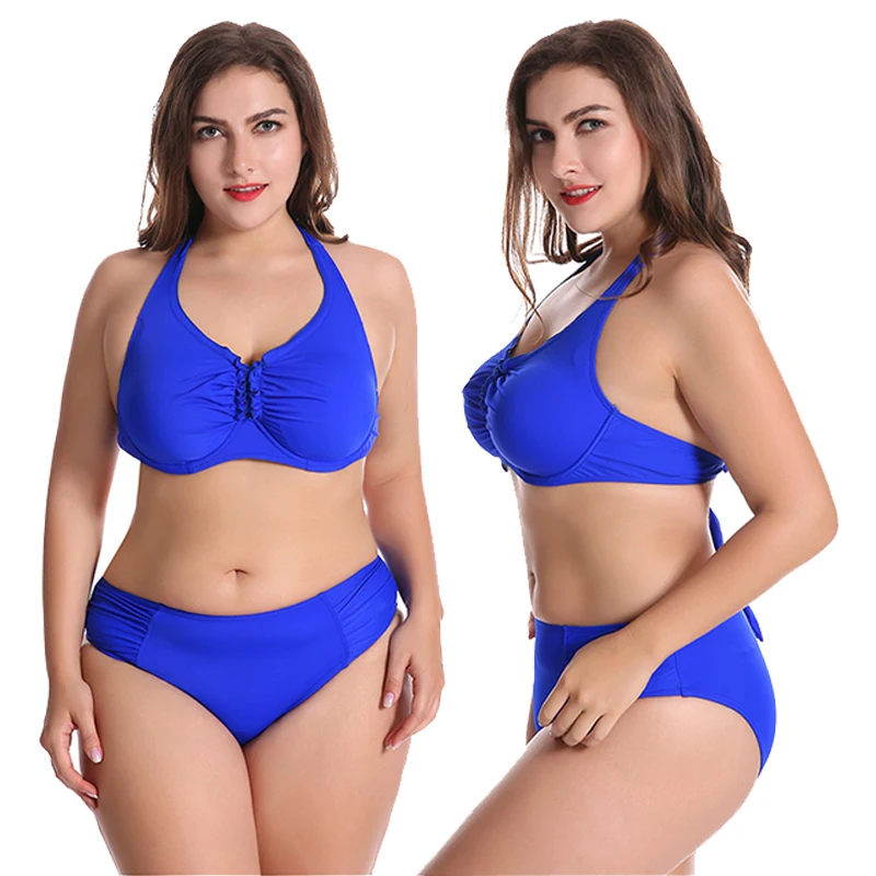 

New Plus Size Bikini Women Swimsuit Solid Color Bathing Suit Underwire Gather Cup Swimwear 50-58 String Halter 2PCS Bikini Set