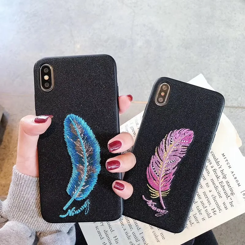 Embroidery Feather Matte Case for iphone7/8plus Phone Cover iphone 6s case xs max Girls Funda para Back |