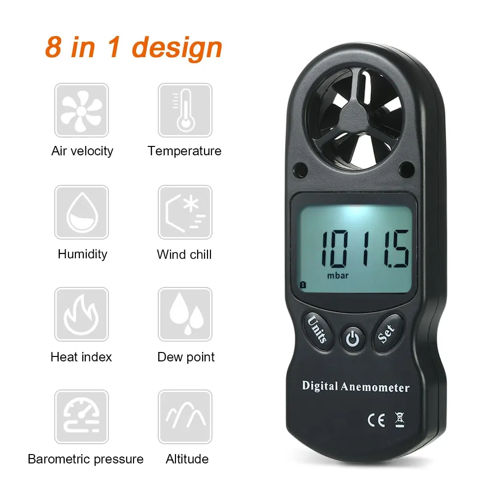 

8 in1 Digital Anemometer mini Wind Speed/Temperature/Humidity/Wind Chill/Heat Index/Dew Point/Barometric Pressure/Altitude Meter