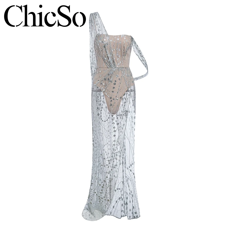 MissyChilli прозрачное длинное платье на одно плечо с блестками элегантное облегающее Макси платье Лето Осень сексуальное Клубное праздничное платье festa