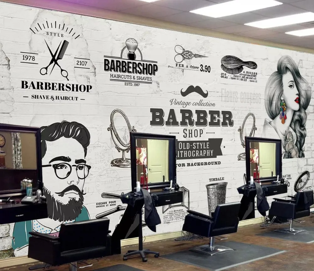 Beibehand-papel de parede personalizado, ecologicamente correto, retrô, europeu e americano, barbeiro