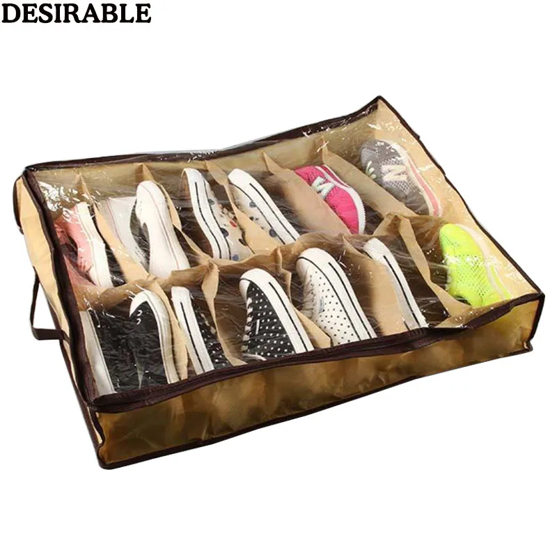 

12 grid Dustproof Shoe Organizer Case Space Saving Home Essentials Under Bed Shoes Transparent Cover Non-woven Storage Box 1pcs