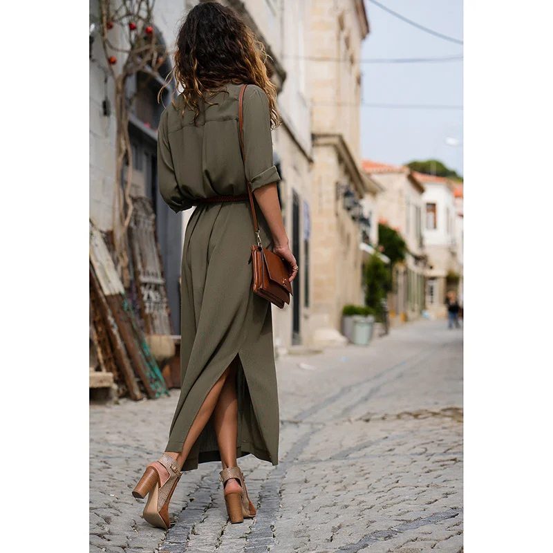 

Women Kaftan Cotton Long Sleeve Plain Casual Button Maxi Long Shirt Dress for Daily TC21