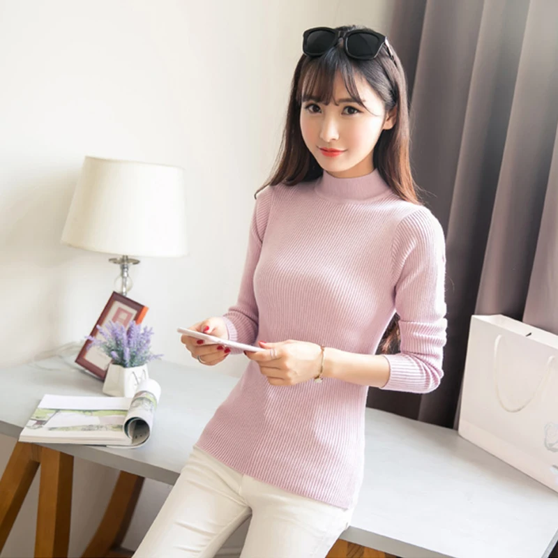 

FMFSSOM Autumn Winter Solid Knitted Pullovers Women Sweater Casual Warm Turtleneck Woolen Long Sleeve Female Sweater