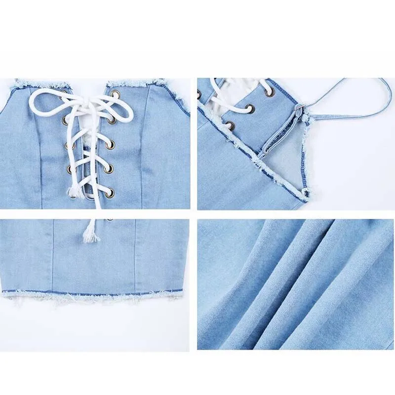 Сексуальный женский летний жилет укороченный топ топы синие белые джинсовые повязки комбинация на бретельках плотная блузка на бретельках