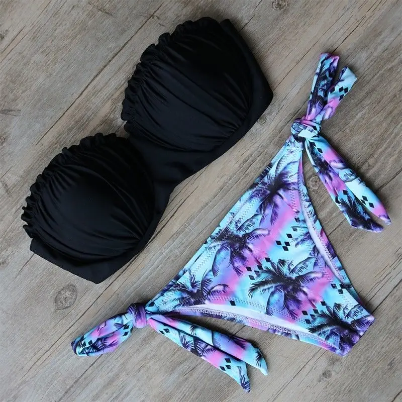 

Coconut tree print Bikini set Women push up Biquini 2017 Bandage Swimsuit Summer Bandeau Swimwear Trikini Maillot de bain femme