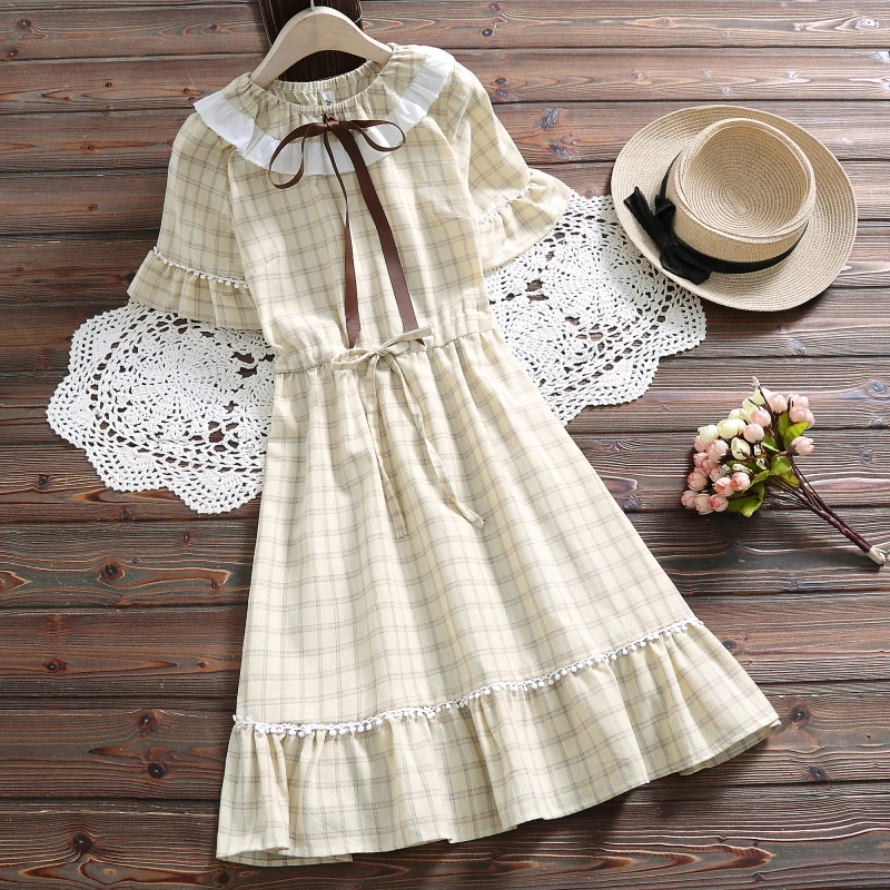 

Mori girl kawaii plaid dress new arrival summer fashion ruffled short sleeve dress japan style women vestidos