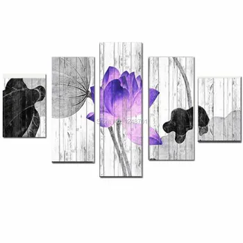 

Hand Painted Abstract Five pieces-Combination Louts FLower Oil Painting on Canvas Louts Wall PicturesLiving Room Home Wall Decor