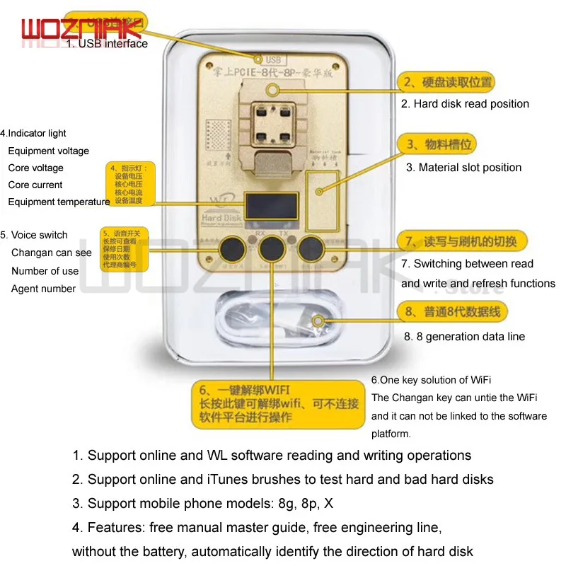  Programador Wozniak WL PCIE NAND para iPhone x 8g 8p 7P 7 6SP ios11 HDD Número de serie y herramien