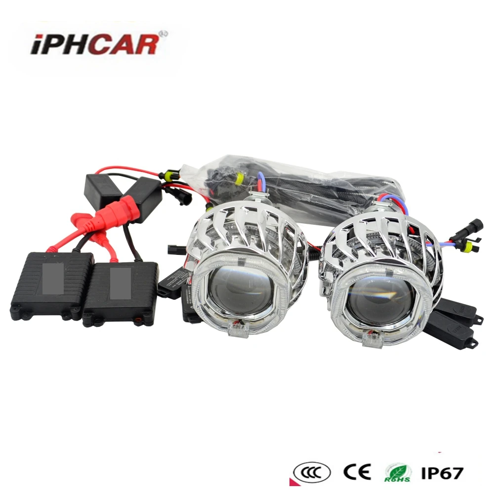 

2.5inch bixenon Projector Lens Light Double Angel Eyes DRL hid xenon kit xenon bulb ballast 35w fit for H1 H4 H7 car headlight