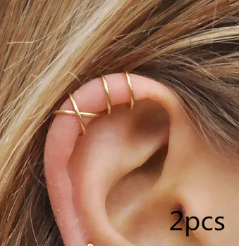 

PINJEAS 2pcs Set of 2 Earrings handmade No Piercing Double and Criss Cross Ear Cuff Simple Fake Cartilage Jewelry for women