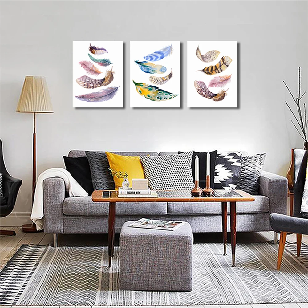 

Art Canvas Painting Hand Painted Feather Canvas Color Bird Feather Decoration Painting Simple Style Posters And Prints