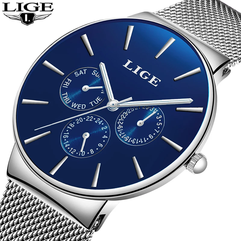 

LIGE Men Watch Fashion Simple Top Brand Luxury Business Mesh belt Quartz Watches Mens Clock Male Sports watch relogio masculino
