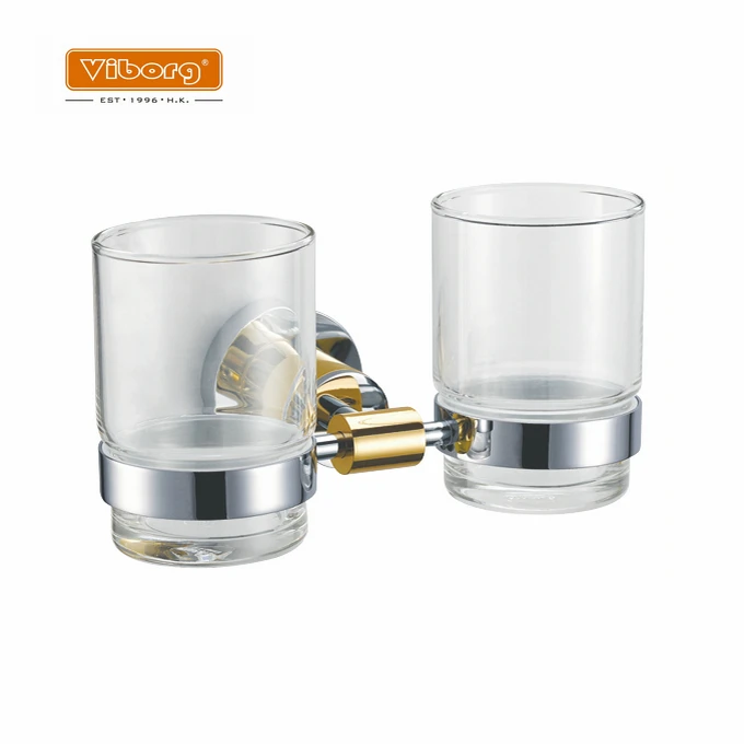 Luxury Brass Bathroom Wall Mounted Double Toothbrush Cup Holder With 2 Glass Toothbrush
