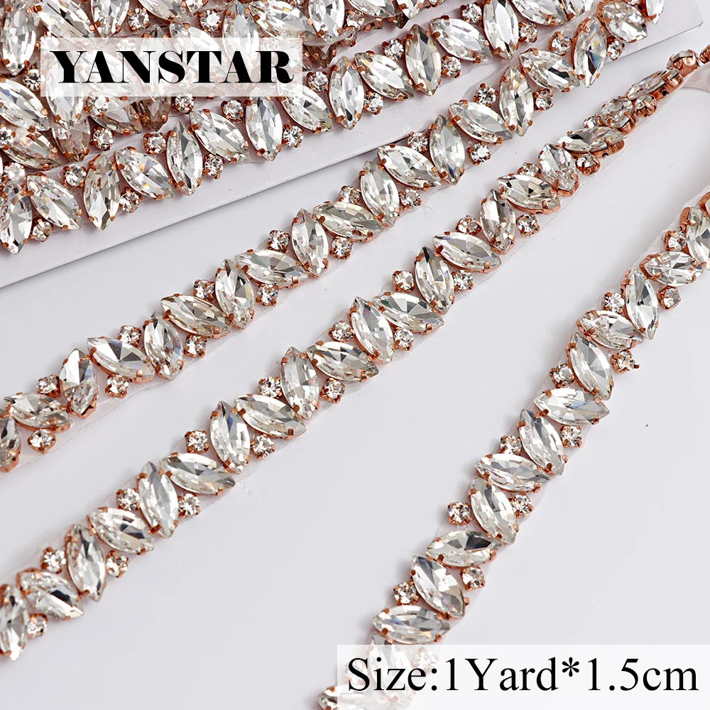 

Yanstar DIY Crystal Bridal Belt Rhinestone Applique By The 1.5CM*1Yard Clear Rose Gold Crystal Trim Sew On Wedding Dress YS968
