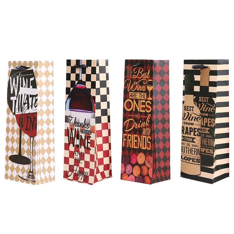 12pcs Paper Wine Bags 12x8x35cm Party Gift Paper Package Lattice Letter Striped Diamond Wine