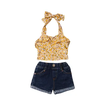 

2PCS Set Kids Baby Girl Floral Strap Tank Tops Denim Shorts Jeans Outfits Fashion Girls Clothes