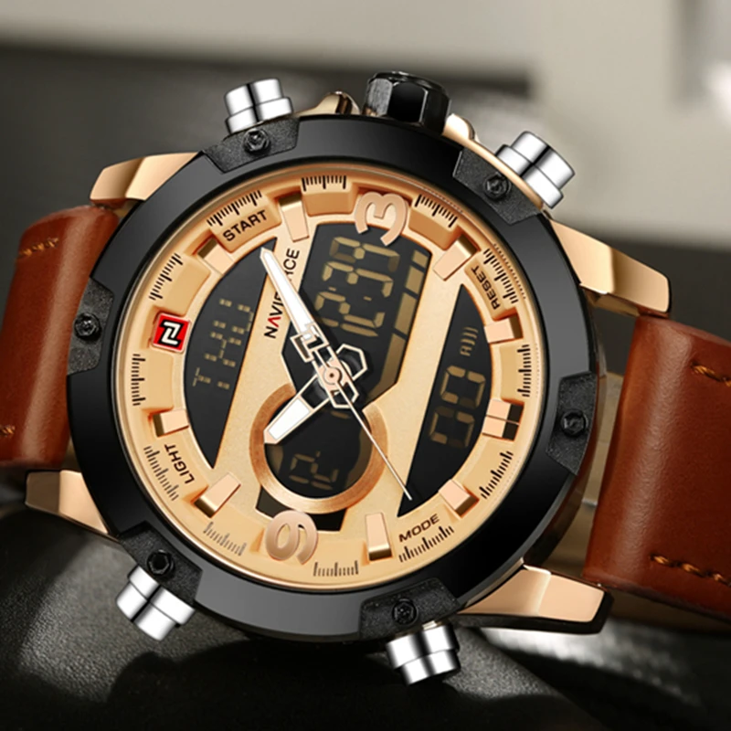 

NAVIFORCE Brand Men Sport Watches Dual Display Watch Digital Analog Watch Electronic Quartz watch 30M Waterproof Gold clock