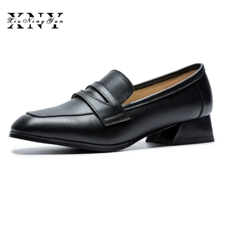 

XiuNingYan New Penny Loafer Women Soft Genuine Leather Square Toe Slip-On Brogue Flats Handmade High Quality Shoes Woman Oxfords