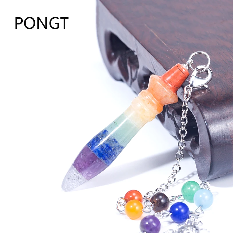 

Natural stone 7 Chakra Pendulum Round Stick Taper Healing Crystal Point reiki Rainbow quartz stone pendulos yoga jewelry