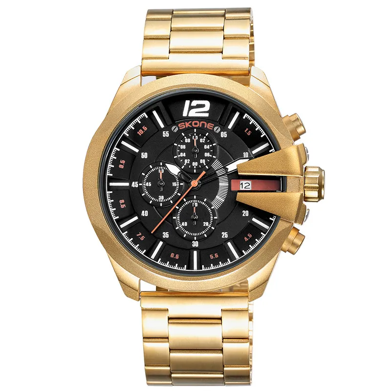 Skone Известный Дизайн Роскошные часы для мужчин бизнес бренд кварцевые часы мужской хронограф водонепроницаемые мужские золотые наручные часы - Цвет: Steel Gold