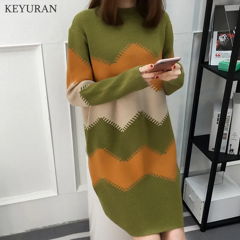 

2019 Autumn Winter New Wave Striped Loose Basic Dress Women Long Knitted Sweater Dresses Vestidos Big Size L-3XL L2191