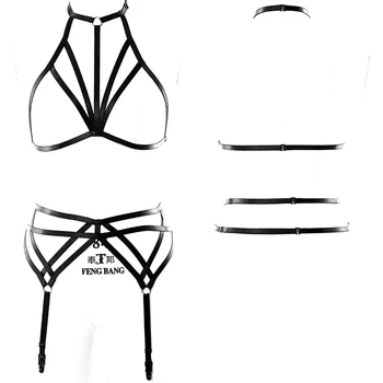 

Black Strappy Harness Bra Set Women Sexy Garter Belt Plus Size Stockings Suspender Crop Top Lingerie Harajuku Punk Festival Rave