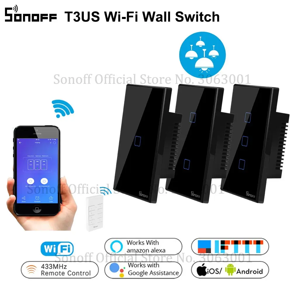 

SONOFF T3 Smart Wifi Wall Light US Switch Black 120 Type With Border 1/2/3 Gang 433 RF/APP/Touch Control Works With Google Home