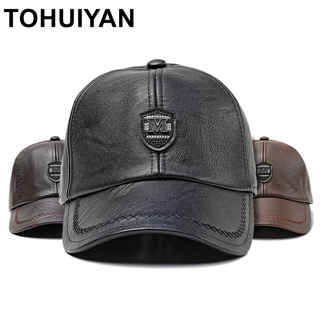 TOHUIYAN New Fashion High Quality Fall Winter Men Leather Hat Cap