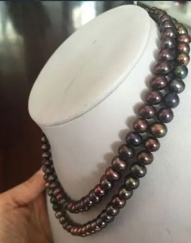 

stunning double strand 7-8mm tahitian black red pearl necklace 18"19"