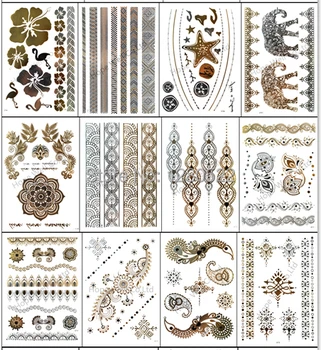 

4 sheets Women Body Art Temporary Flash Tattoo Fake Jewelry Metallic Gold Tattoo Sticker Tatuagem 20 Models for Choose