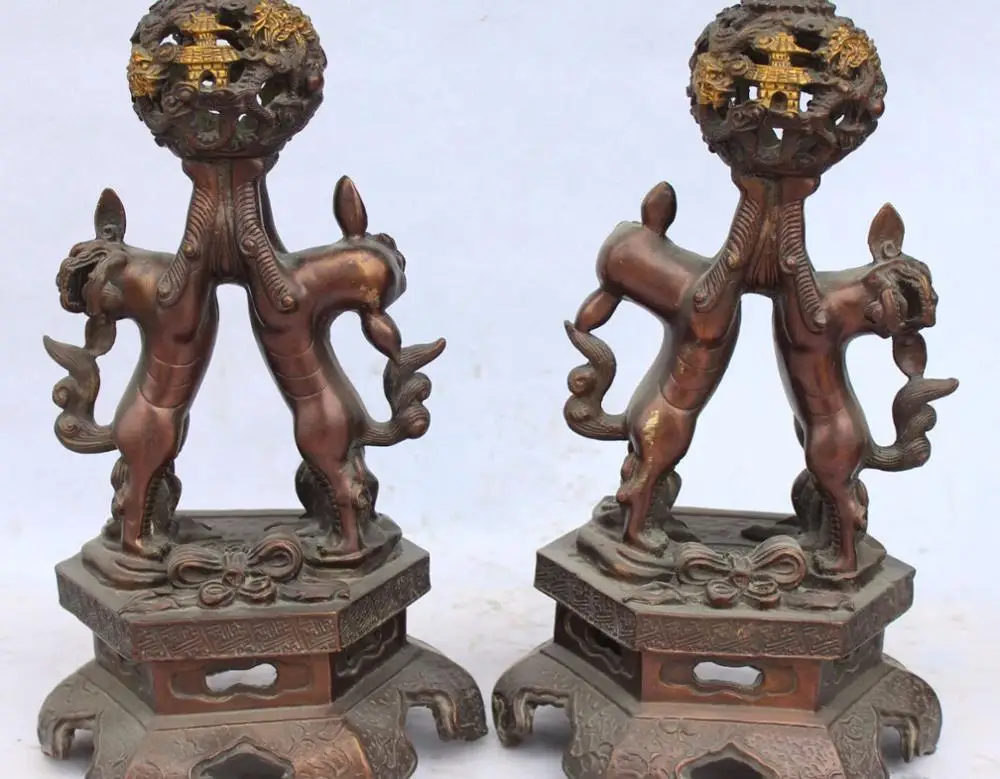 

15" Collected Chinese Bronze Gilt Foo Fu Dog Lion Fengshui Dragon Ball Pair Base