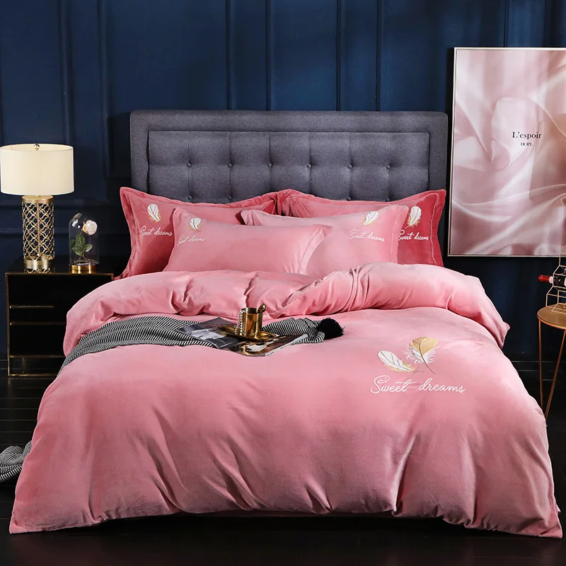 Milk Fabric Bedding Set Plush Super Soft Embroidery Duvet Cover