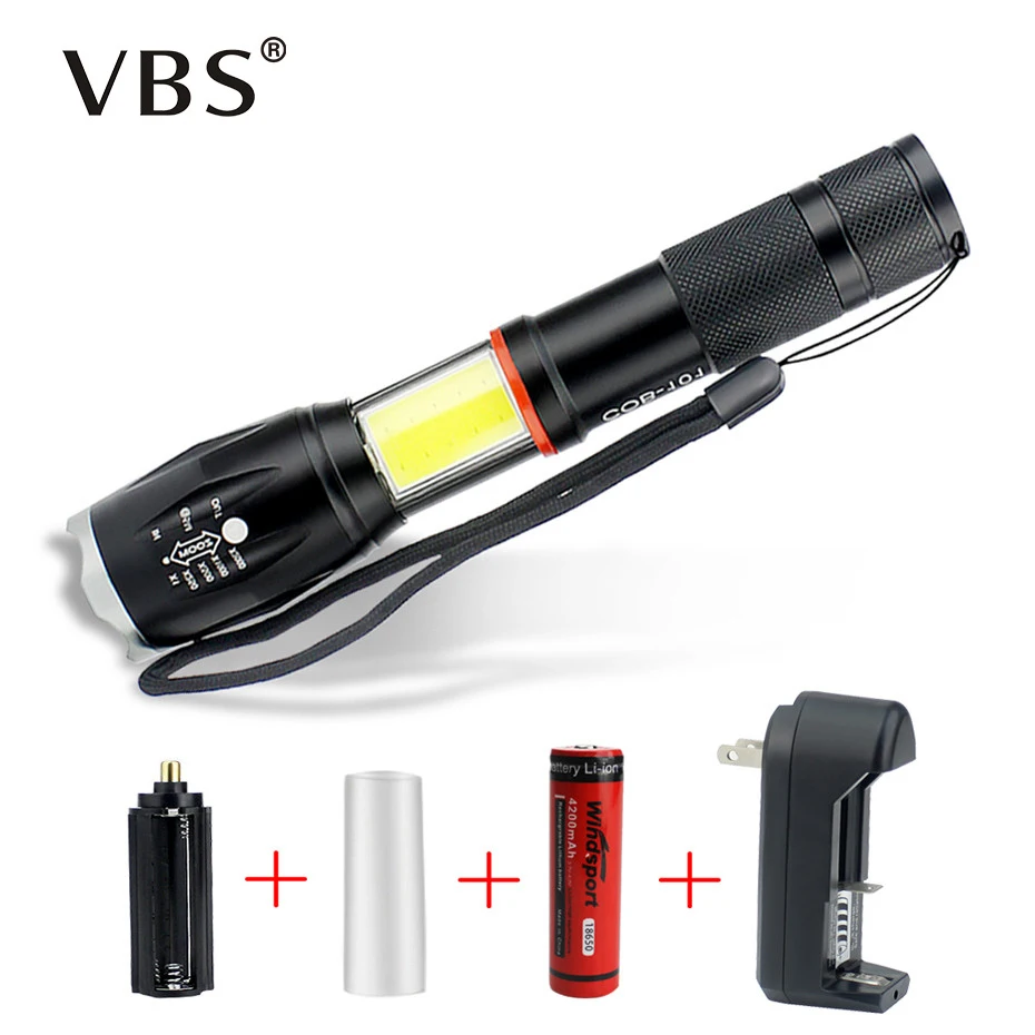 

Powerful Led Flashlight AAA Battery OR 18650 Battery Led Flashlights Side Light COB XML-T6 Led Tactical Torch Light With Charger
