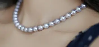 

free shipping >>>>11-12mm round freshwater grey pearl necklace 14K