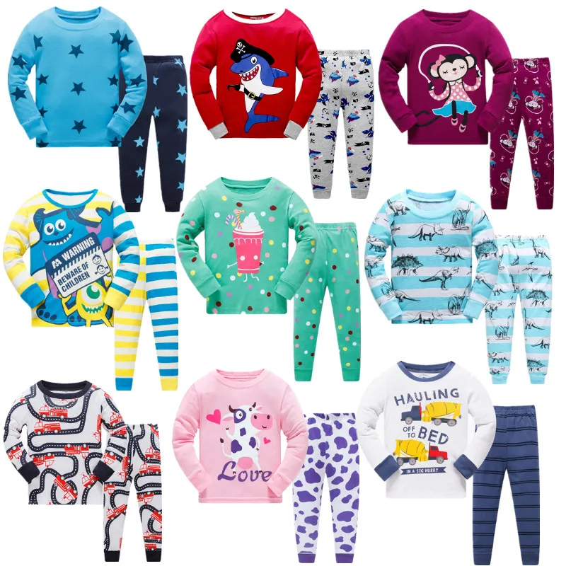 

Kids Cartoon Cotton Pajamas Boys Casual Pajamas Sets Girls Long Blouses+Trousers 2-Piece Home Sleepwear Sets For Spring Autumn