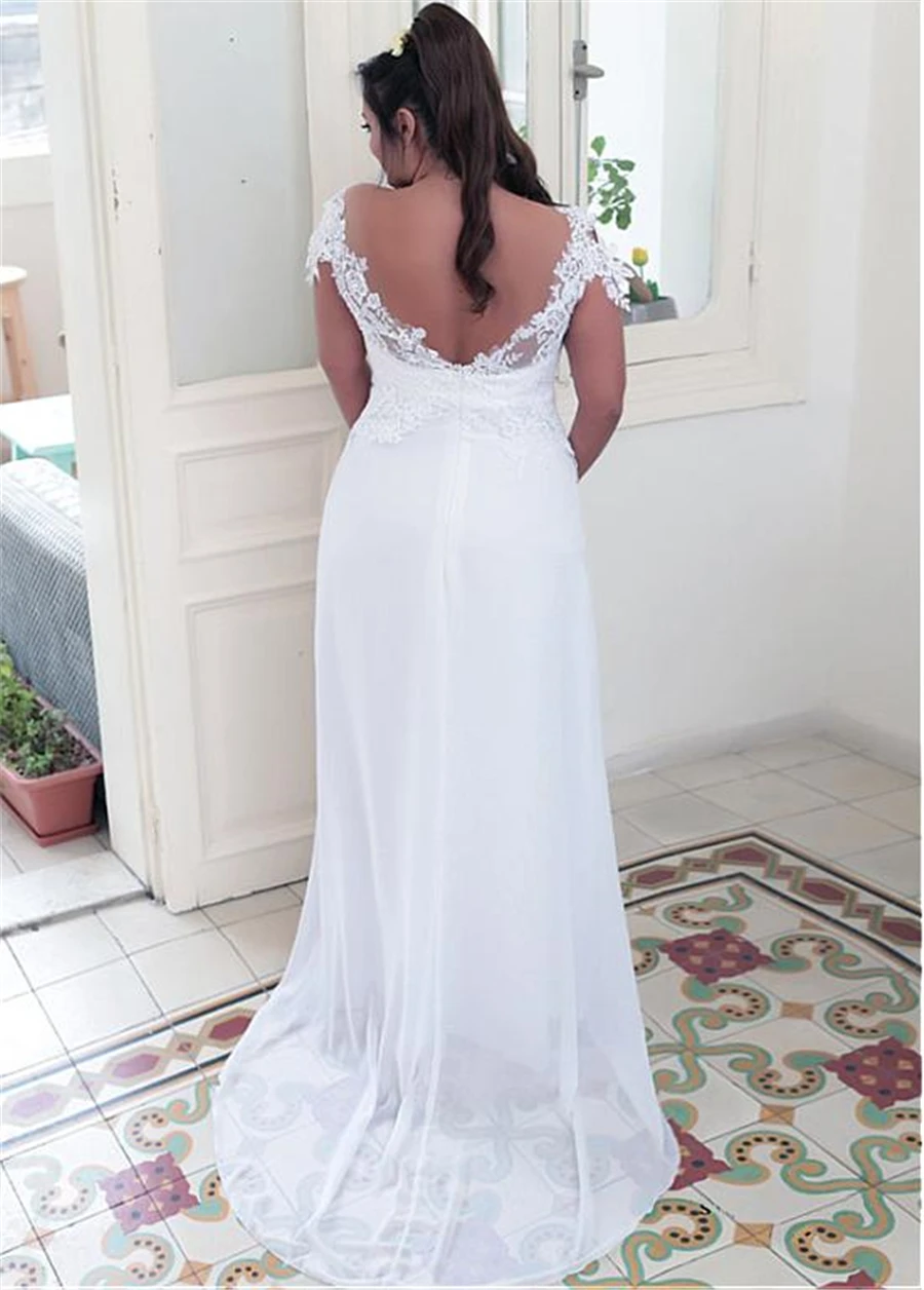 Winsome шифон жемчужина декольте A-Line размера плюс свадебные платья с белая аппликация из кружева свадебное платье 28W