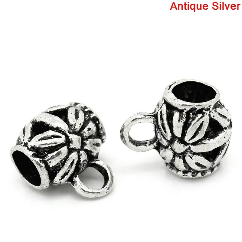 

DoreenBeads Zinc metal alloy Bails Beads Barrel Antique Silver Flower Pattern 11mm( 3/8") x 9mm( 3/8"), 5 PCs