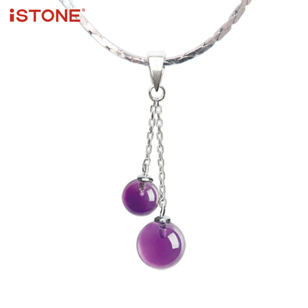 

iSTONE 100% Natural Gemstone 925 Sterling Silver Purple Amethyst Ball Pendant Necklace Fine Jewelry Gift For Lovers Or Girls