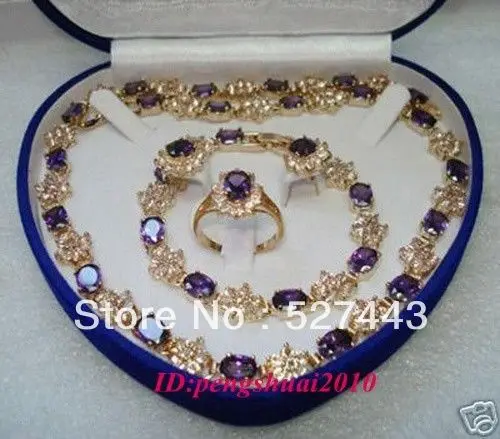 

Wholesale Fashion Purple Crystal Inlay 18K GP Women Necklace Link Bracelet Ring Studs Set