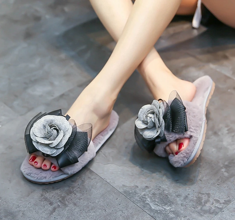 Asileto 3d Flower Fur Sandals Flat Heel Warm Plush Home Slippers