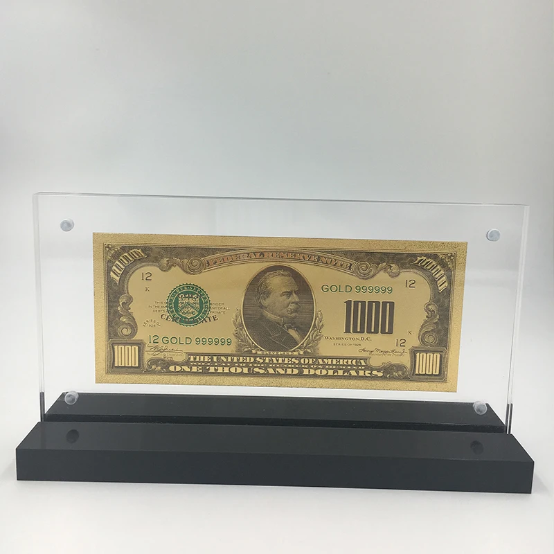 

Luxury office showing Ornament crafts 24K gold Banknote America 1000US Dollar Bill with acrylic frame display