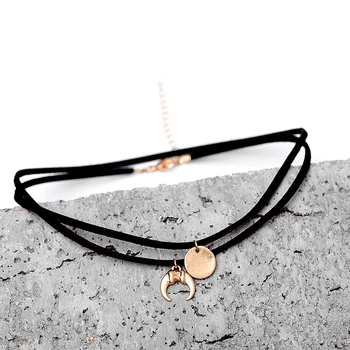 

2017 Punk Style 2 Layer Black Suede Choker Necklaces With Alloy Gold Color Sun Moon Cresent Pendant Choker Necklace MYC05021