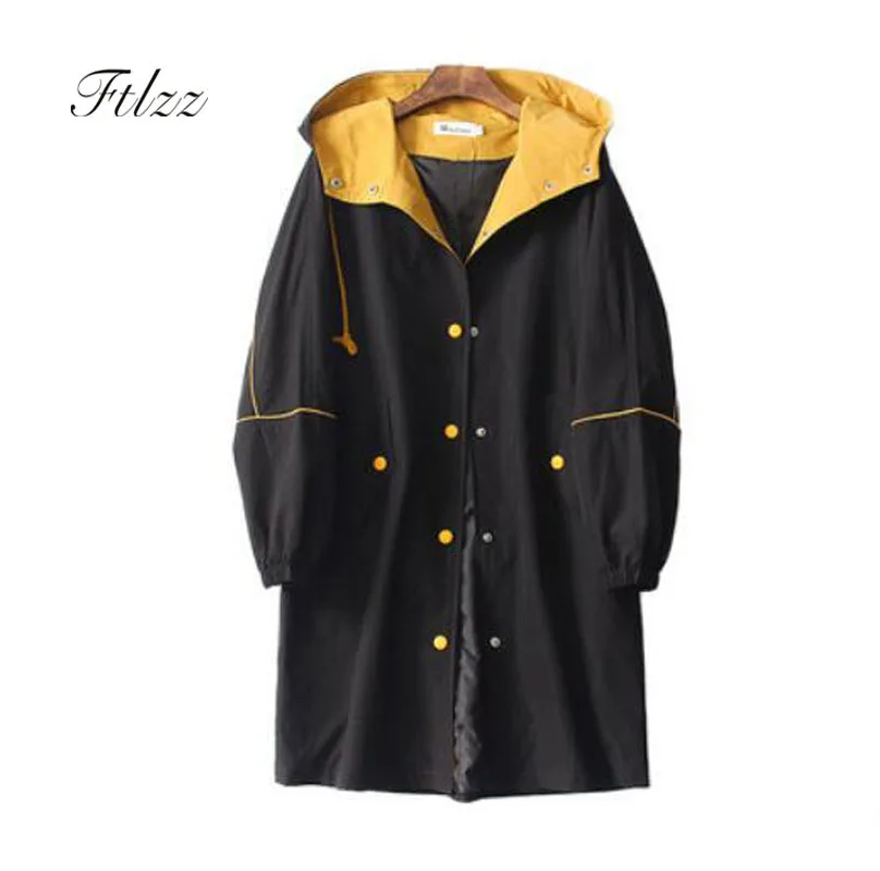 

Women Fashion Black Trench Coat 2019 New Autumn Long Sleeve Hooded Letter Medium Long Windbreaker Korean Woman Clothes Coats