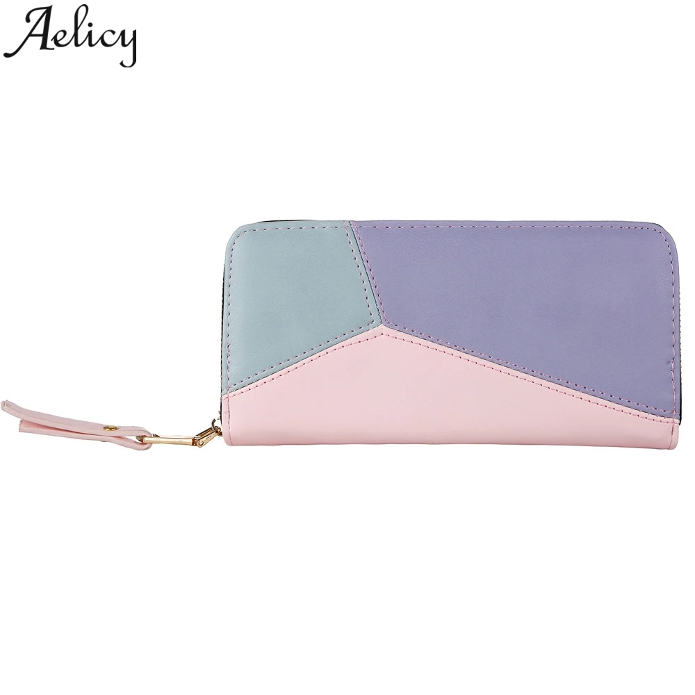

Aelicy 2019 Women Zipper Leather Simple Retro Rivets Long Wallet Coin Purse Credit Card Package Luxury Handbags High Quality